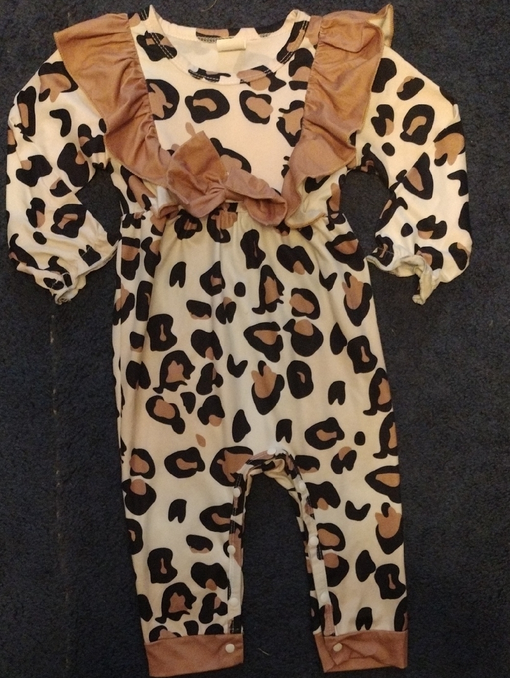 Leopard Print Ruffle Baby Romper in Tan & Black - Picture 1 of 8